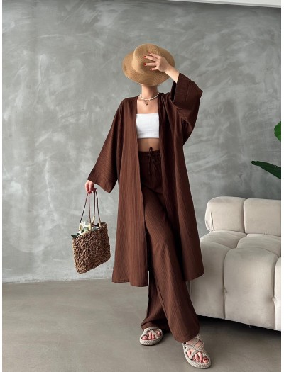 Kahve Kimono Bürümcük Uzun Takım Elbise