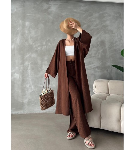 Kahve Kimono Bürümcük Uzun Takım Elbise