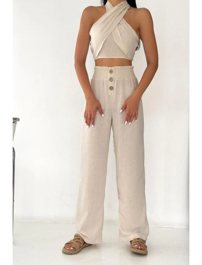 Keten Boyundan Bağlamalı Düğmeli Pantolon Takım