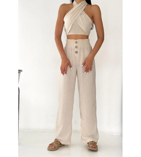 Keten Boyundan Bağlamalı Düğmeli Pantolon Takım