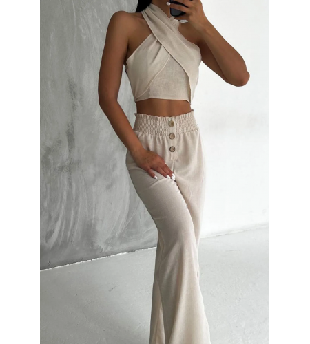 Keten Boyundan Bağlamalı Düğmeli Pantolon Takım