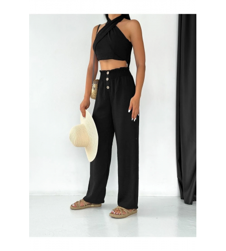 Keten Boyundan Bağlamalı Düğmeli Pantolon Takım