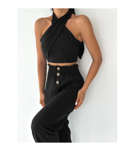 Keten Boyundan Bağlamalı Düğmeli Pantolon Takım