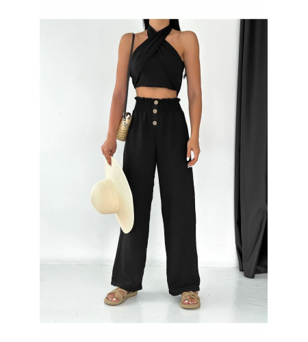 Keten Boyundan Bağlamalı Düğmeli Pantolon Takım