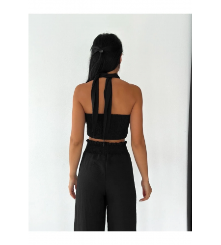 Keten Boyundan Bağlamalı Düğmeli Pantolon Takım