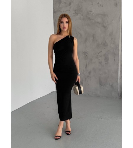 Siyah Omuz Drapeli Sandy Yırtmaç Detaylı Elbise