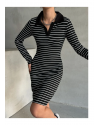 Kadın Siyah Polo Yaka Çizgili Uzun Kollu Esnek Örme Elbise