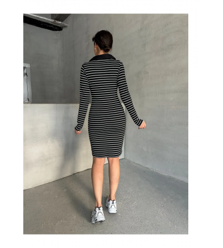 Kadın Siyah Polo Yaka Çizgili Uzun Kollu Esnek Örme Elbise