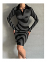 Kadın Siyah Polo Yaka Çizgili Uzun Kollu Esnek Örme Elbise