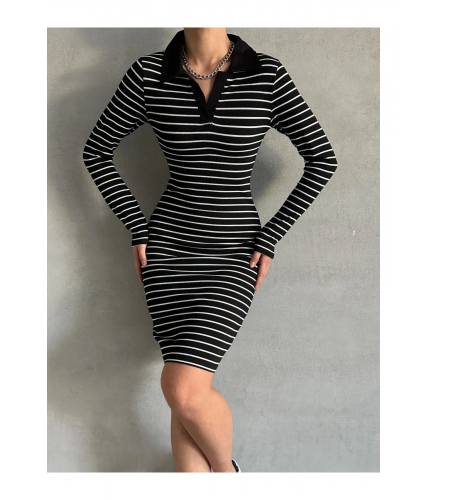 Kadın Siyah Polo Yaka Çizgili Uzun Kollu Esnek Örme Elbise
