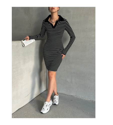 Kadın Siyah Polo Yaka Çizgili Uzun Kollu Esnek Örme Elbise