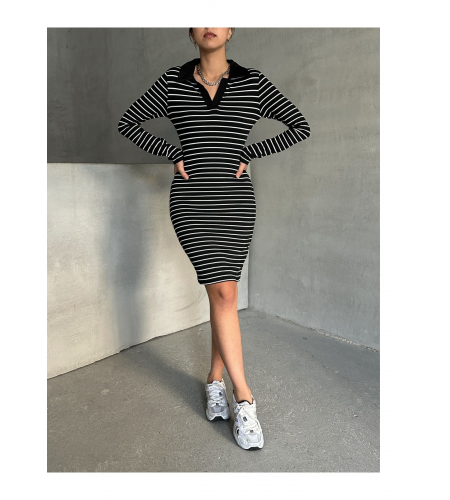 Kadın Siyah Polo Yaka Çizgili Uzun Kollu Esnek Örme Elbise