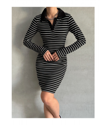 Kadın Siyah Polo Yaka Çizgili Uzun Kollu Esnek Örme Elbise