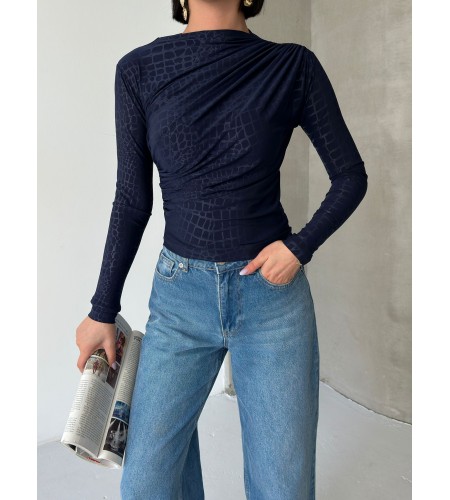  Esnek Sandy Kumaş yarım yaka timsah desenli Uzun Kollu lacivert Bluz