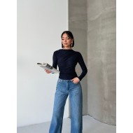  Esnek Sandy Kumaş yarım yaka timsah desenli Uzun Kollu lacivert Bluz