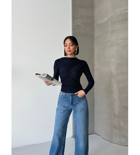  Esnek Sandy Kumaş yarım yaka timsah desenli Uzun Kollu lacivert Bluz