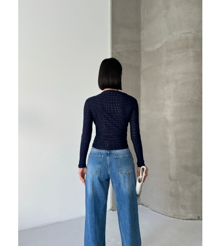  Esnek Sandy Kumaş yarım yaka timsah desenli Uzun Kollu lacivert Bluz