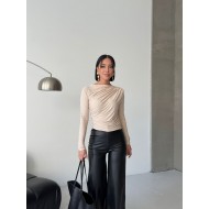  Esnek Sandy Kumaş yarım yaka timsah desenli Uzun Kollu Bej Bluz