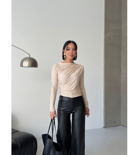  Esnek Sandy Kumaş yarım yaka timsah desenli Uzun Kollu Bej Bluz