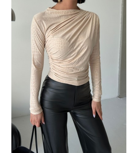  Esnek Sandy Kumaş yarım yaka timsah desenli Uzun Kollu Bej Bluz