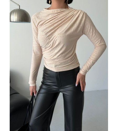  Esnek Sandy Kumaş yarım yaka timsah desenli Uzun Kollu Bej Bluz