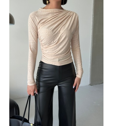  Esnek Sandy Kumaş yarım yaka timsah desenli Uzun Kollu Bej Bluz