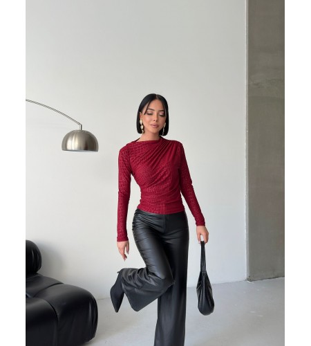  Esnek Sandy Kumaş yarım yaka timsah desenli Uzun Kollu bordo Bluz