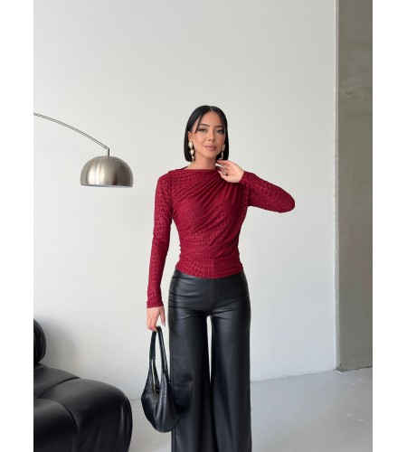  Esnek Sandy Kumaş yarım yaka timsah desenli Uzun Kollu bordo Bluz