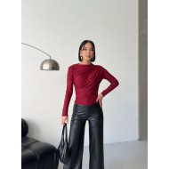  Esnek Sandy Kumaş yarım yaka timsah desenli Uzun Kollu bordo Bluz