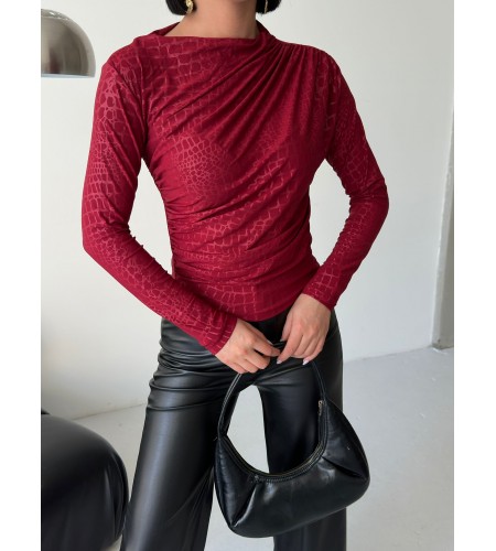  Esnek Sandy Kumaş yarım yaka timsah desenli Uzun Kollu bordo Bluz