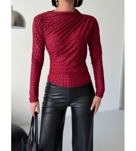  Esnek Sandy Kumaş yarım yaka timsah desenli Uzun Kollu bordo Bluz