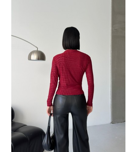  Esnek Sandy Kumaş yarım yaka timsah desenli Uzun Kollu bordo Bluz