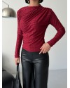  Esnek Sandy Kumaş yarım yaka timsah desenli Uzun Kollu bordo Bluz
