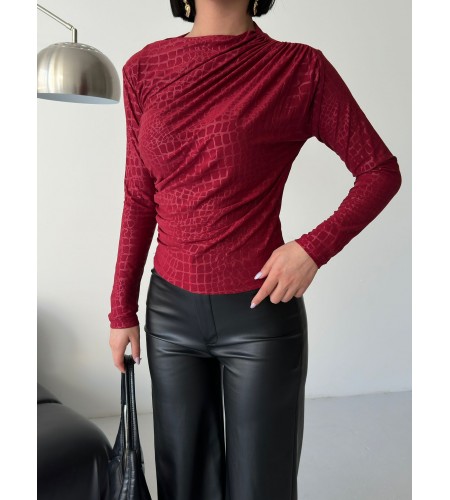  Esnek Sandy Kumaş yarım yaka timsah desenli Uzun Kollu bordo Bluz