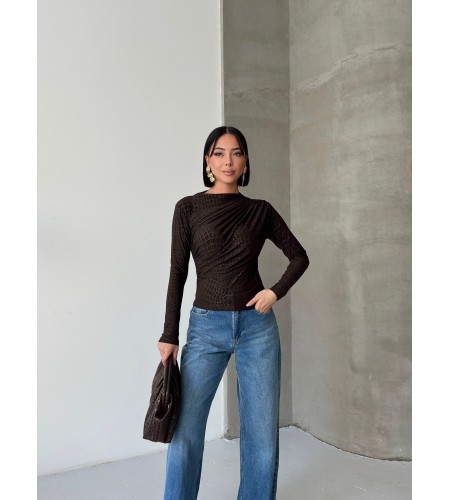  Esnek Sandy Kumaş yarım yaka timsah desenli Uzun Kollu kahverengi Bluz