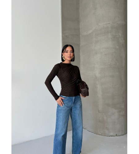  Esnek Sandy Kumaş yarım yaka timsah desenli Uzun Kollu kahverengi Bluz