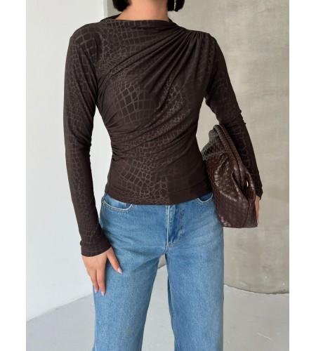  Esnek Sandy Kumaş yarım yaka timsah desenli Uzun Kollu kahverengi Bluz