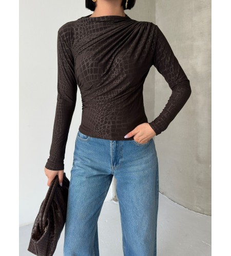  Esnek Sandy Kumaş yarım yaka timsah desenli Uzun Kollu kahverengi Bluz