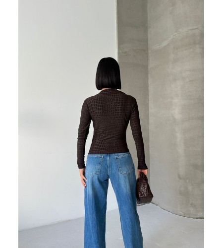  Esnek Sandy Kumaş yarım yaka timsah desenli Uzun Kollu kahverengi Bluz