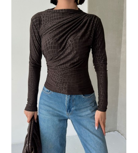  Esnek Sandy Kumaş yarım yaka timsah desenli Uzun Kollu kahverengi Bluz