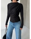  Esnek Sandy Kumaş yarım yaka timsah desenli Uzun Kollu siyah Bluz