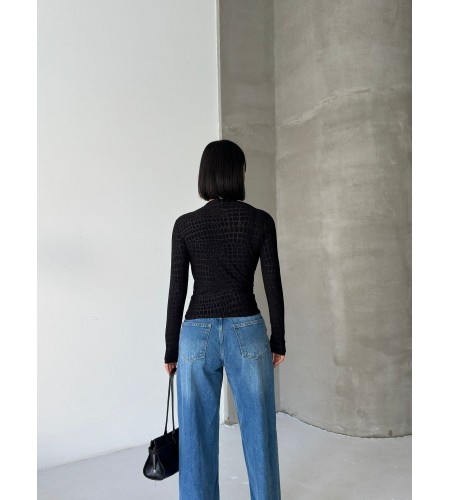  Esnek Sandy Kumaş yarım yaka timsah desenli Uzun Kollu siyah Bluz