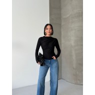  Esnek Sandy Kumaş yarım yaka timsah desenli Uzun Kollu siyah Bluz