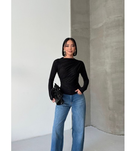  Esnek Sandy Kumaş yarım yaka timsah desenli Uzun Kollu siyah Bluz