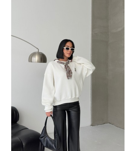  Fular ve Geyik Nakış Detaylı Oversize Sweatshirt Bej