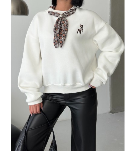  Fular ve Geyik Nakış Detaylı Oversize Sweatshirt Bej