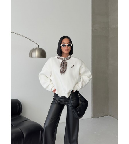  Fular ve Geyik Nakış Detaylı Oversize Sweatshirt Bej