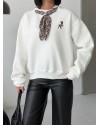  Fular ve Geyik Nakış Detaylı Oversize Sweatshirt Bej