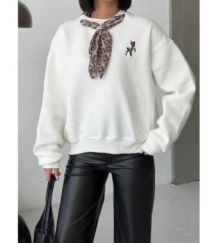  Fular ve Geyik Nakış Detaylı Oversize Sweatshirt Bej
