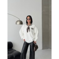  Fular ve Geyik Nakış Detaylı Oversize Sweatshirt Bej